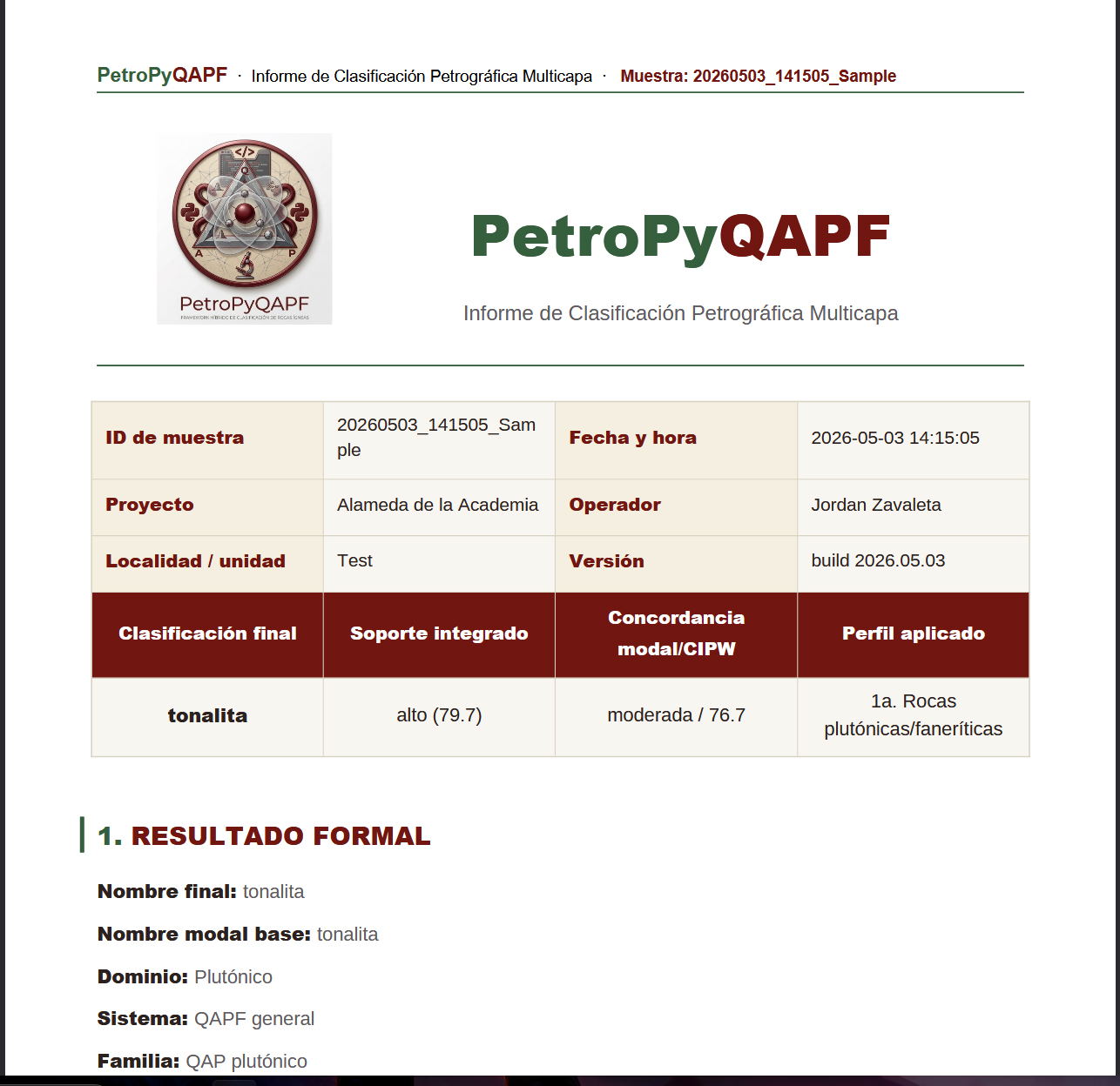 Página de ejemplo de reporte PDF mostrando la sección de clasificación