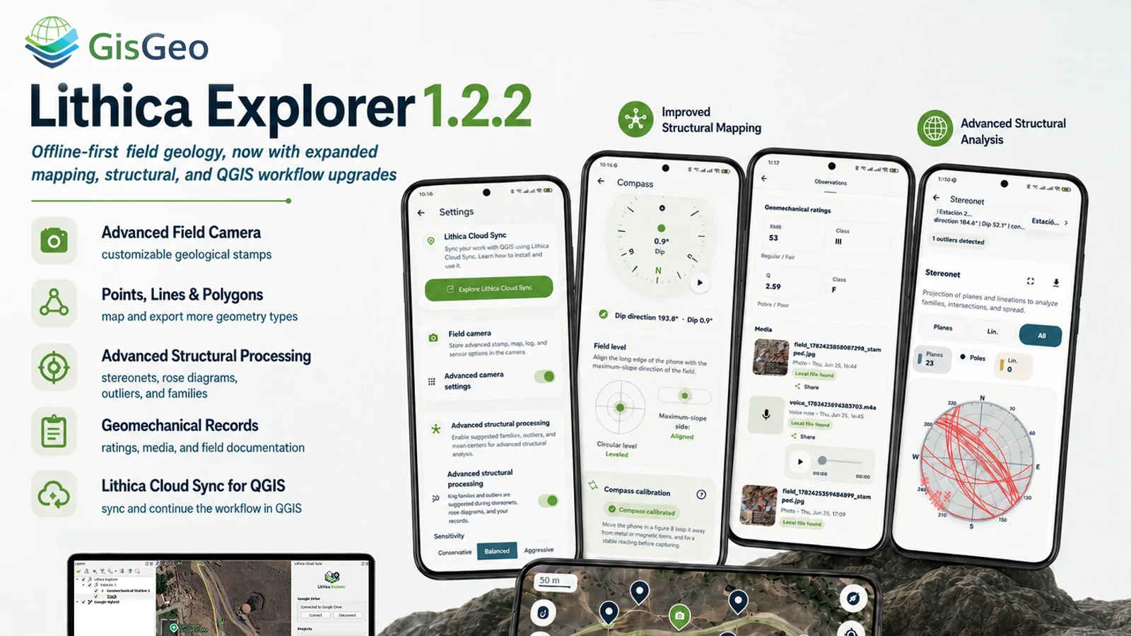 Lithica Explorer field geology workflows on Android and QGIS