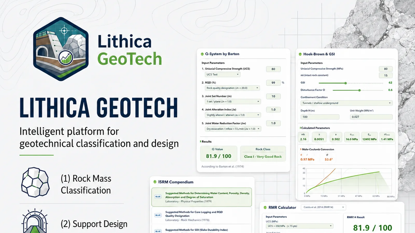 Lithica GeoTech classification and engineering calculation interfaces