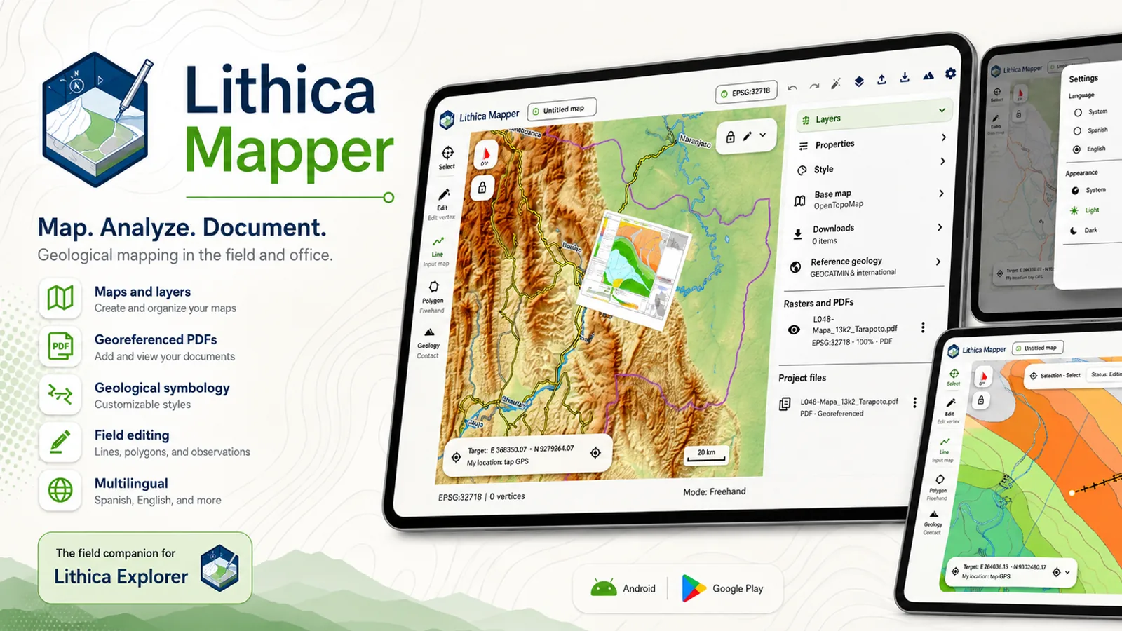 Lithica Mapper geological mapping workspace on Android tablets