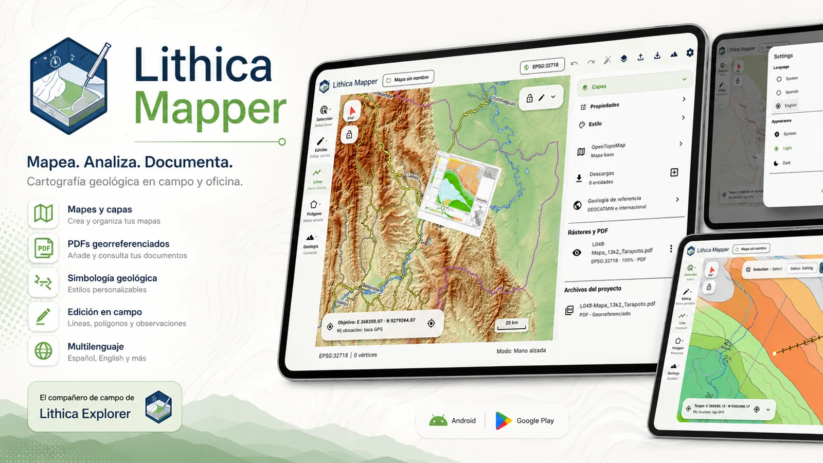 Espacio de cartografía geológica de Lithica Mapper en tablets Android