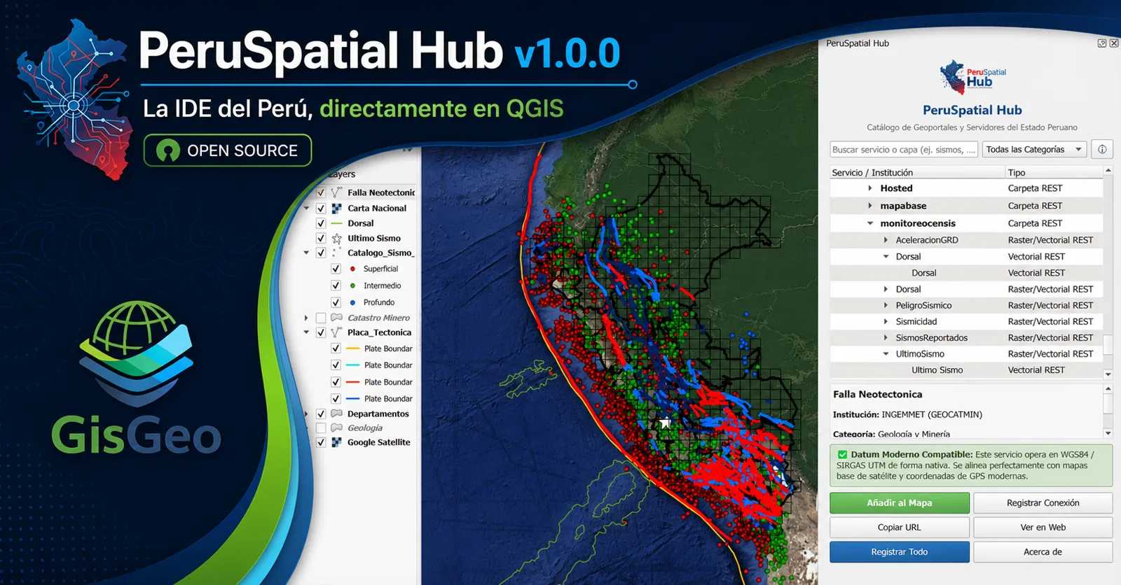 PeruSpatial Hub catalog and official Peruvian geospatial layers in QGIS